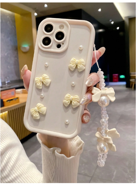 1pc Stepped Photo Frame Dopamine Geometric 3D Bow & Faux Pearl Bracelet Phone Case>