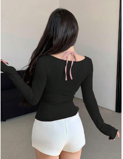 Shein Tie-Front Cinched Waist Black Long Sleeve Bowknot T-Shirt, L