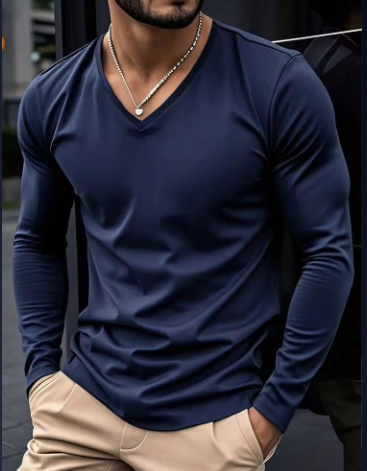 Shein Men's Solid Color V-Neck Long Sleeve Casual T-Shirt, XL  -.
