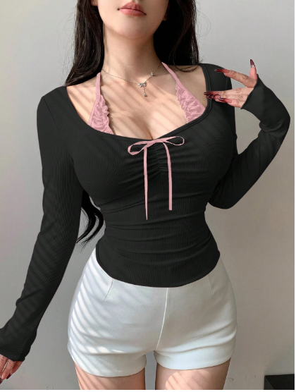 Shein Tie-Front Cinched Waist Black Long Sleeve Bowknot T-Shirt, L
