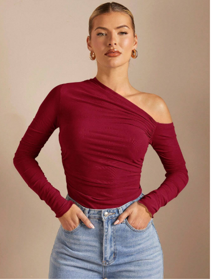 Shein Solid Color Asymmetric Ruched Sheer Fitted Top, L -.