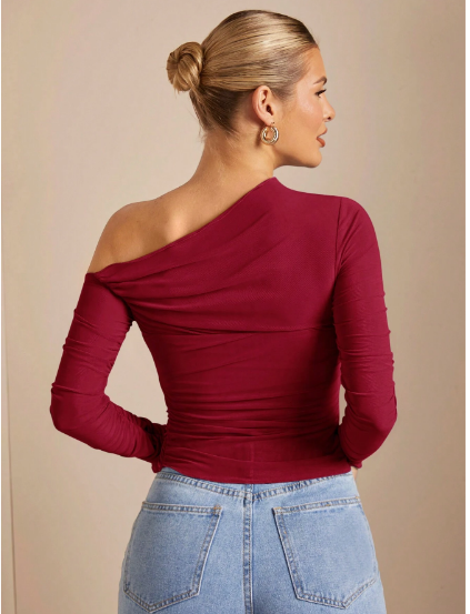 Shein Solid Color Asymmetric Ruched Sheer Fitted Top, L -.