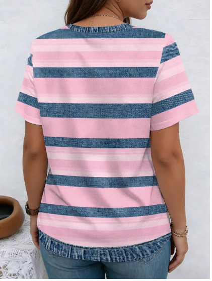 Shein Patchwork Pattern Striped V-Neck Short Sleeve Casual Plus Size T-Shirt, 0XL -.