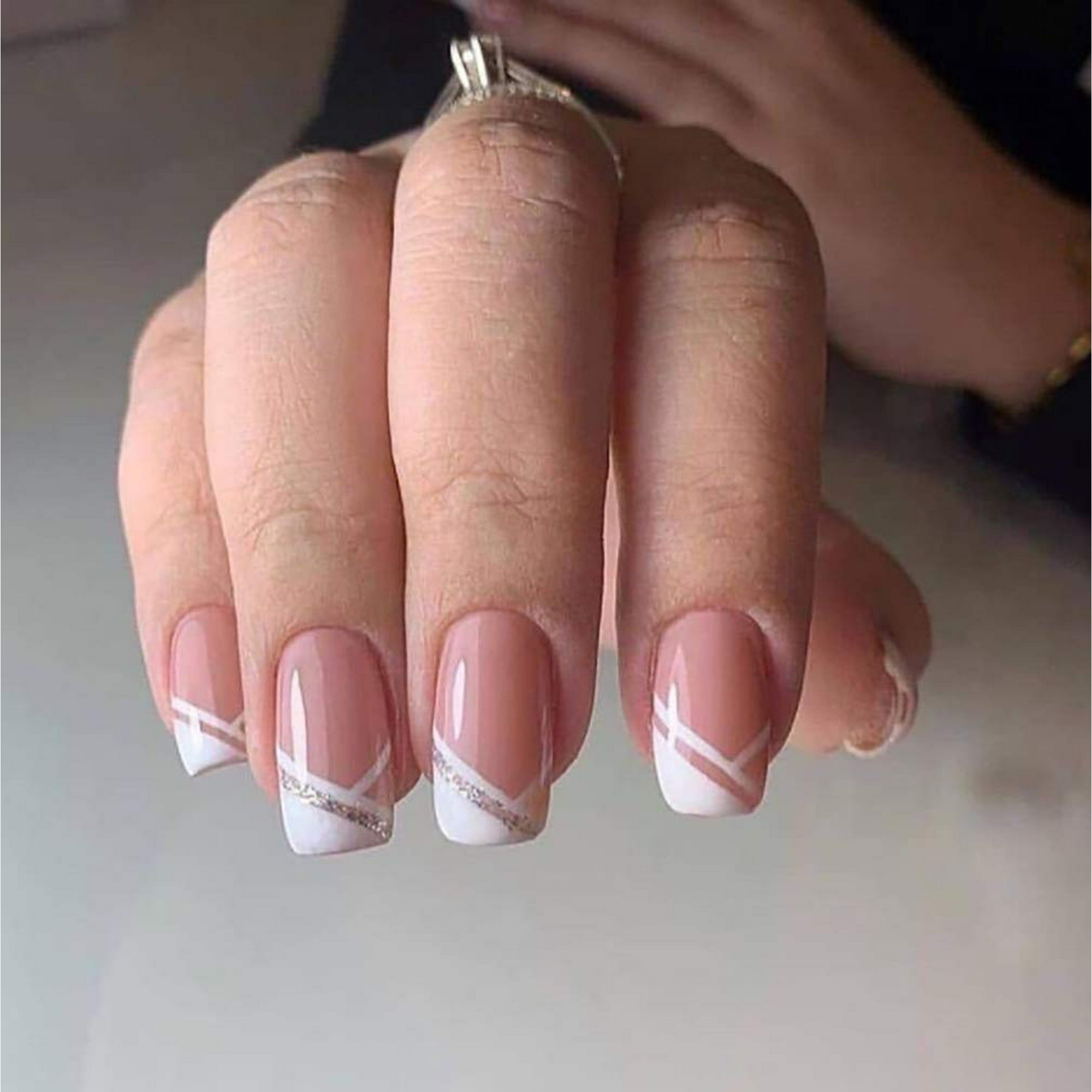 Shein 24Pcs French Tip Fake Nails Square Medium Press on Nails Pink Full Cover Acrylic Nails +