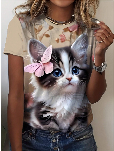 Shein Round Neck Cat Print Casual Short Sleeve T-Shirt, XL -.