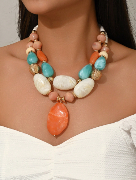 Shein 1pc Bohemian Green & Brown Resin DIY Handmade Beaded Necklace>