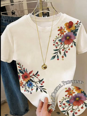 Shein Floral Print Casual Versatile Daily Wear Short Sleeve T-Shirt, L>