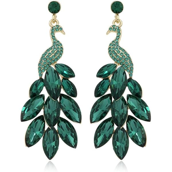 Shein Emerald Peacock Crystal Drop Earrings