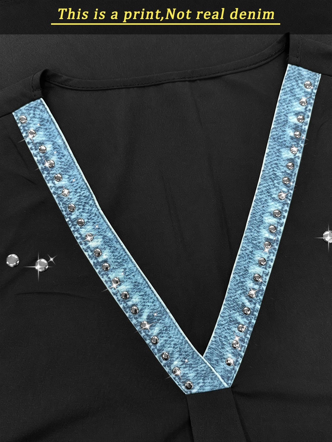 Women's Denim Effect Print Rhinestone Embellished Top