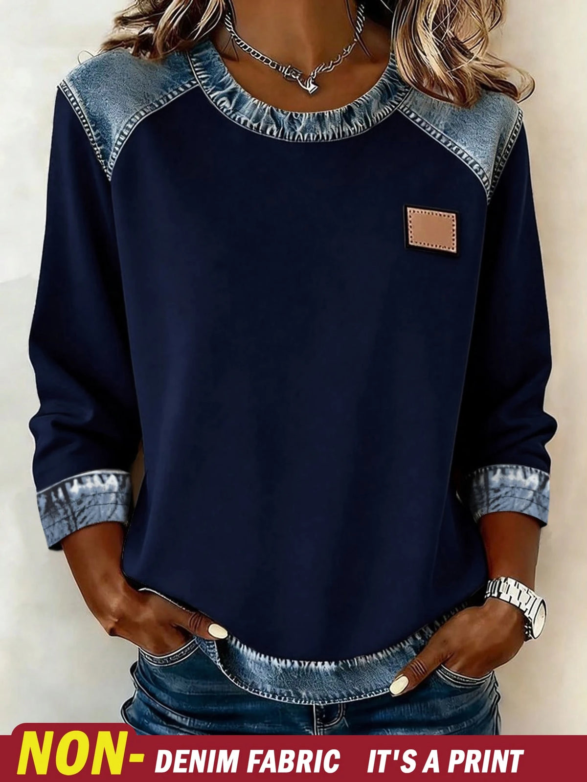 Women's Casual Denim-Effect Patch Print Long Sleeve T-Shirt