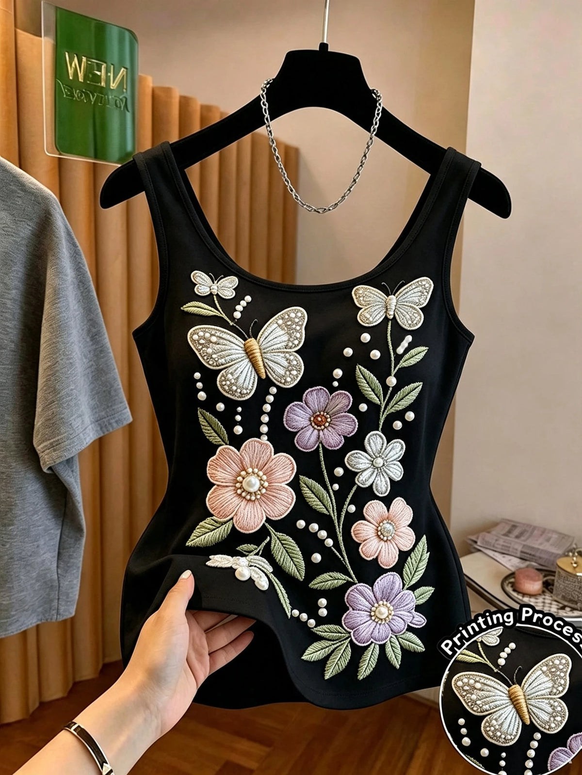 Women's French Floral Butterfly Print Tank Top