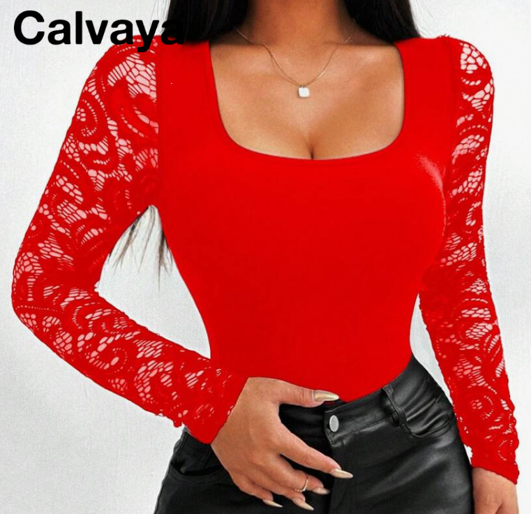 Shein Women's Red Lace Long Sleeve Top Square Neck Mesh Blouse, L -.