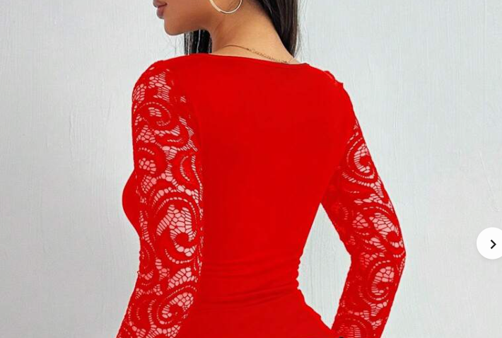 Shein Women's Red Lace Long Sleeve Top Square Neck Mesh Blouse, L -.