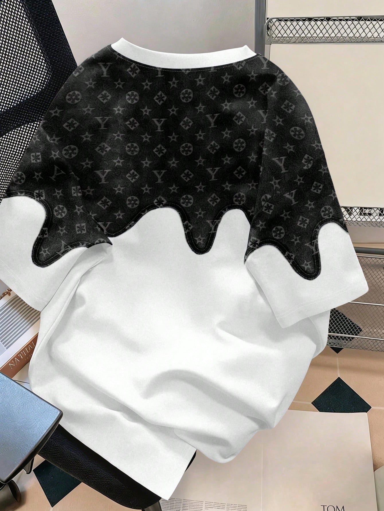 Men's Casual Retro Denim Floral Patchwork Print Round Neck Short Sleeve T-Shirt