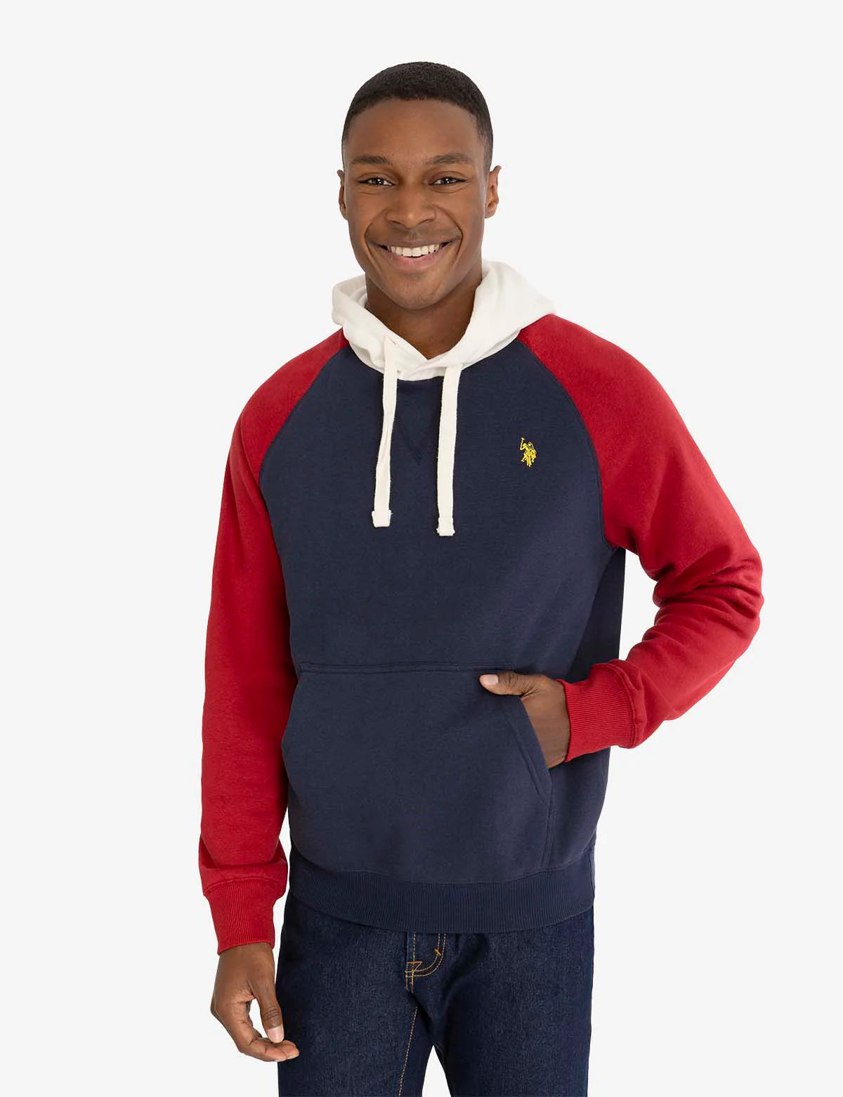 U.S. Polo Colorblock Raglan Sleeve Fleece Pullover Hoodie, L -.