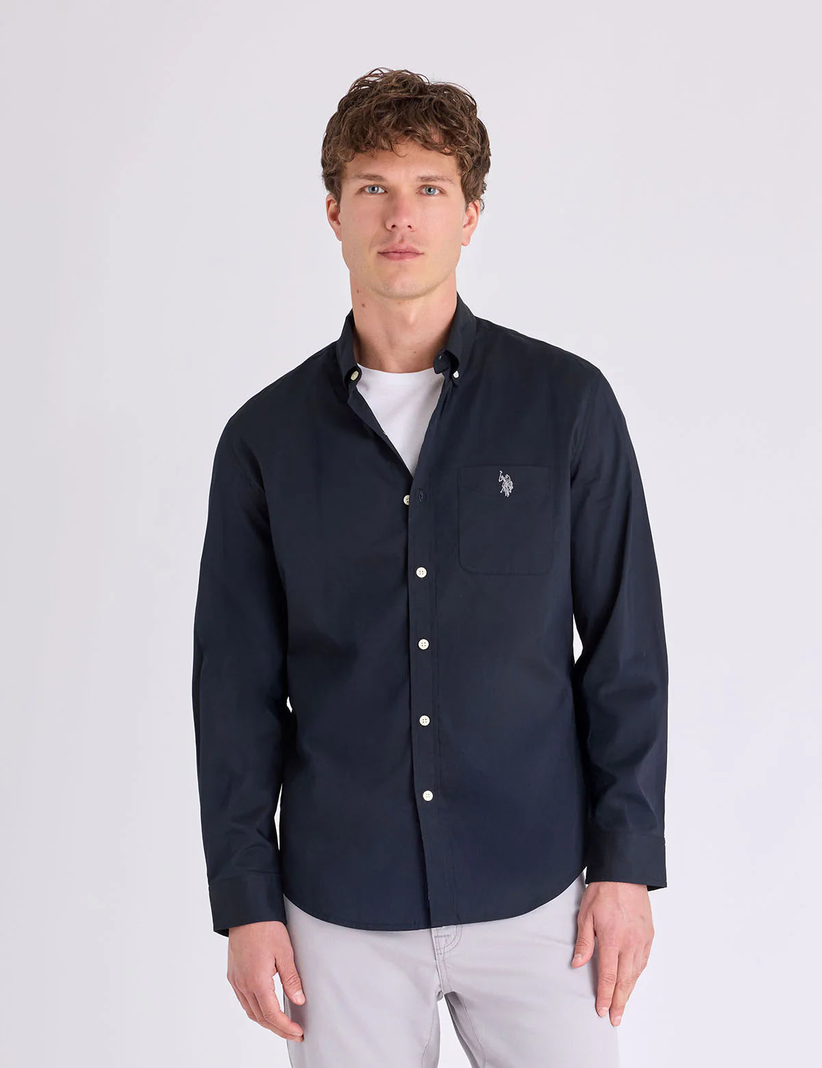 U.S. Polo Solid Stretch Poplin Long Sleeve Shirt, M -.