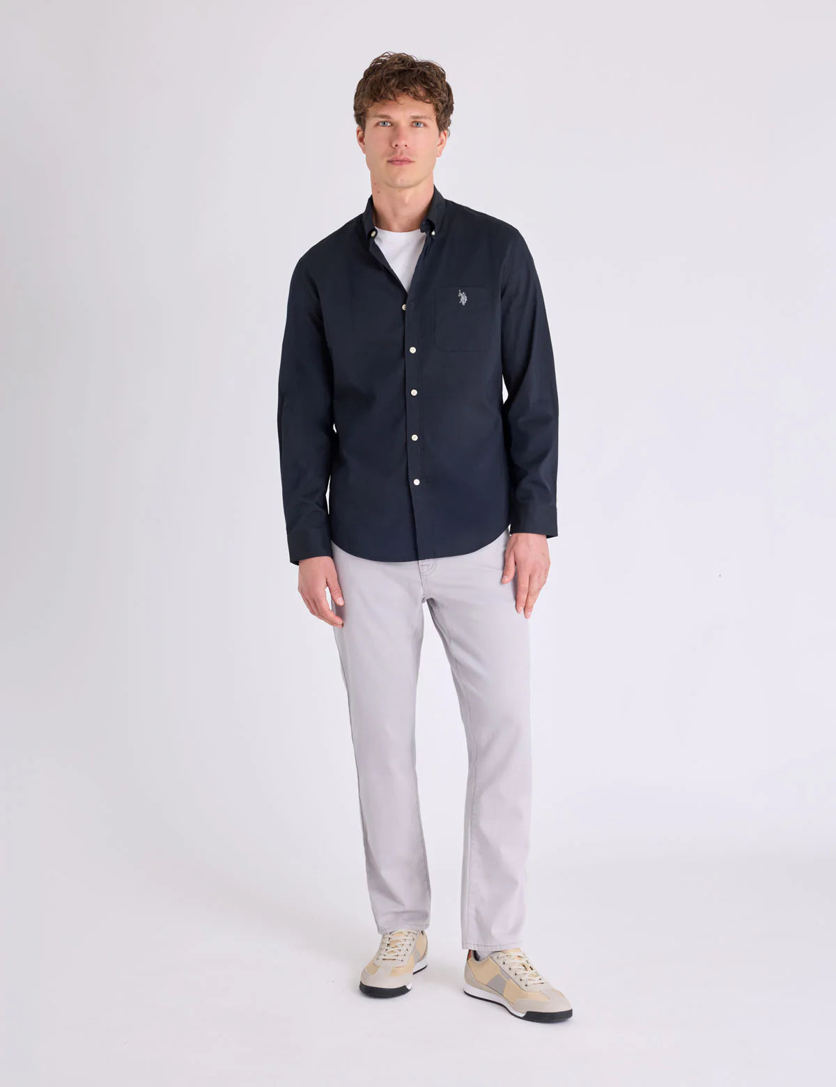U.S. Polo Solid Stretch Poplin Long Sleeve Shirt, M -.