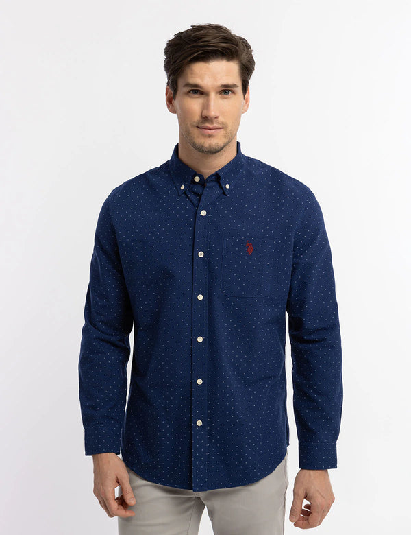 U.S. Polo Dot Print Long Sleeve Oxford Shirt, XXL +