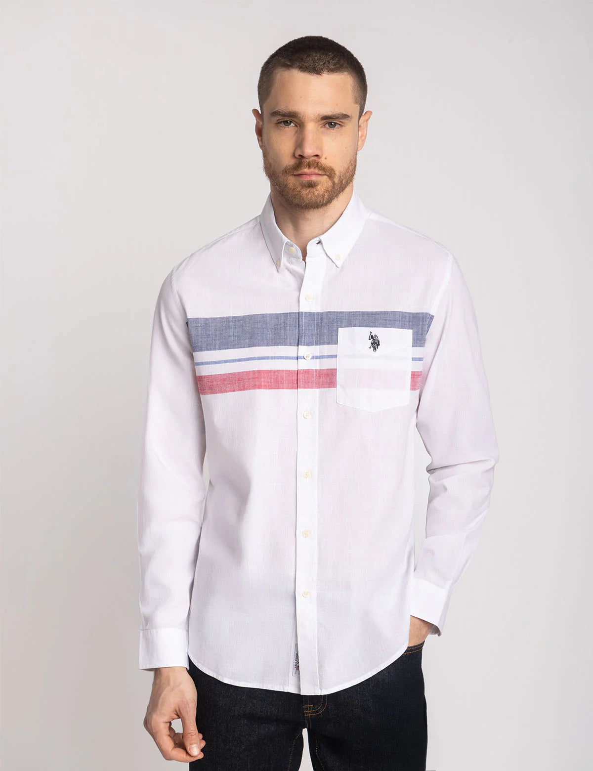 U.S. Polo Long Sleeve Engineered Stripe Poplin Shirt, XXL +