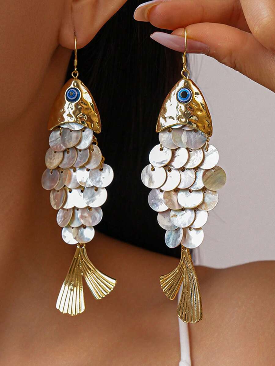 Shein 1 Pair Creative Fish Shaped Shell Tassel Earrings >