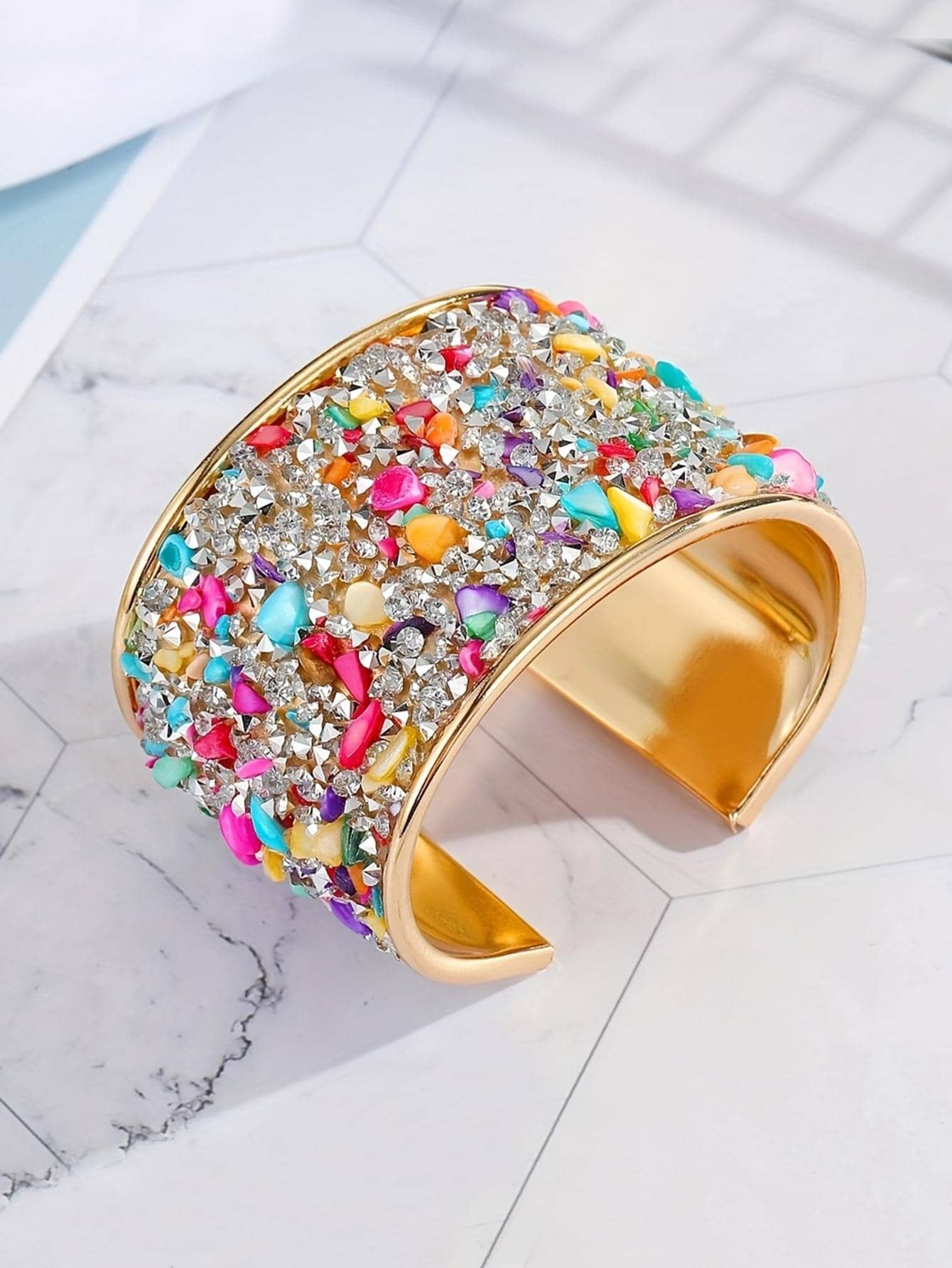 Shein Rhinestone Stone Inlaid Metal Bangle Bracelet >
