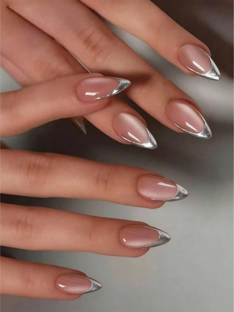 Shein Long Almond Silver French Press-On Nails >