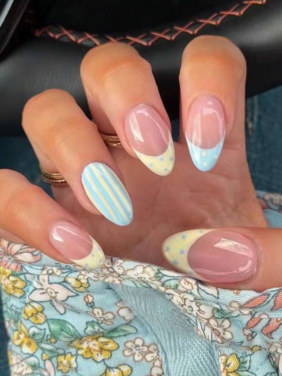 Shein Short Oval Polka Dot & Stripe Press-On Nails >