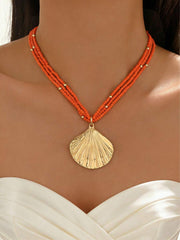 Shein Orange Beaded Gold Shell Pendant Necklace >