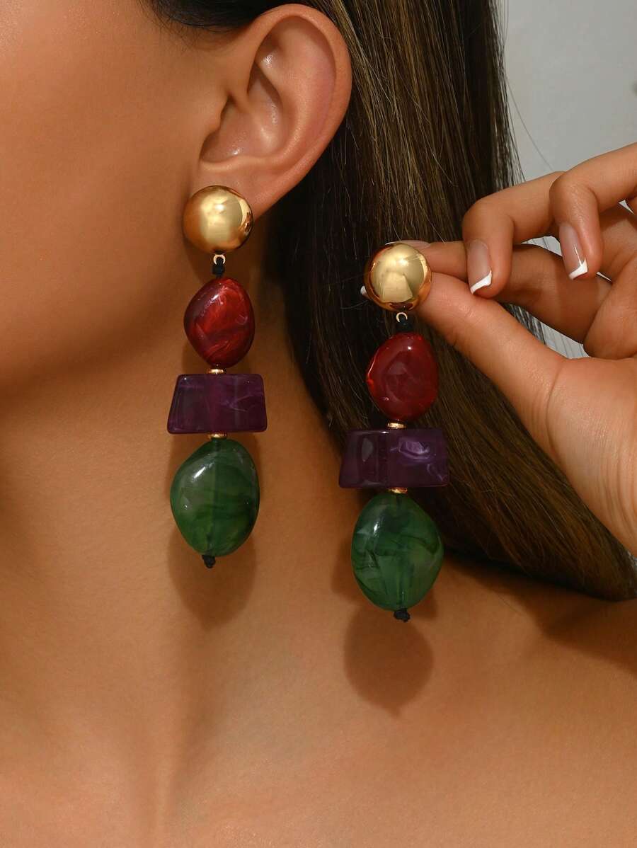 Shein 1 Pair Elegant Exaggerated Bohemian Gold Stud Earrings >
