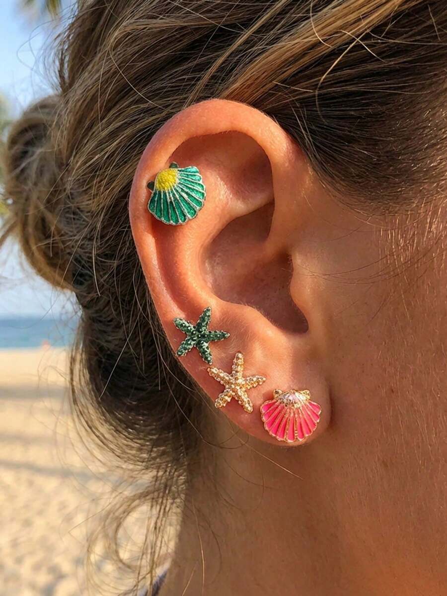 Shein 4 Pairs Ocean Style Minimalist Elegant Women Fashion Earrings >