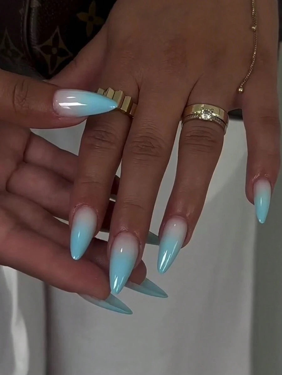 Shein Almond-Shaped Gradient Blue Pearl Press-On Nails >