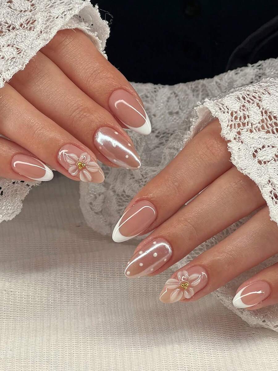 Shein Long Almond 3D Floral French Press-On Nails >