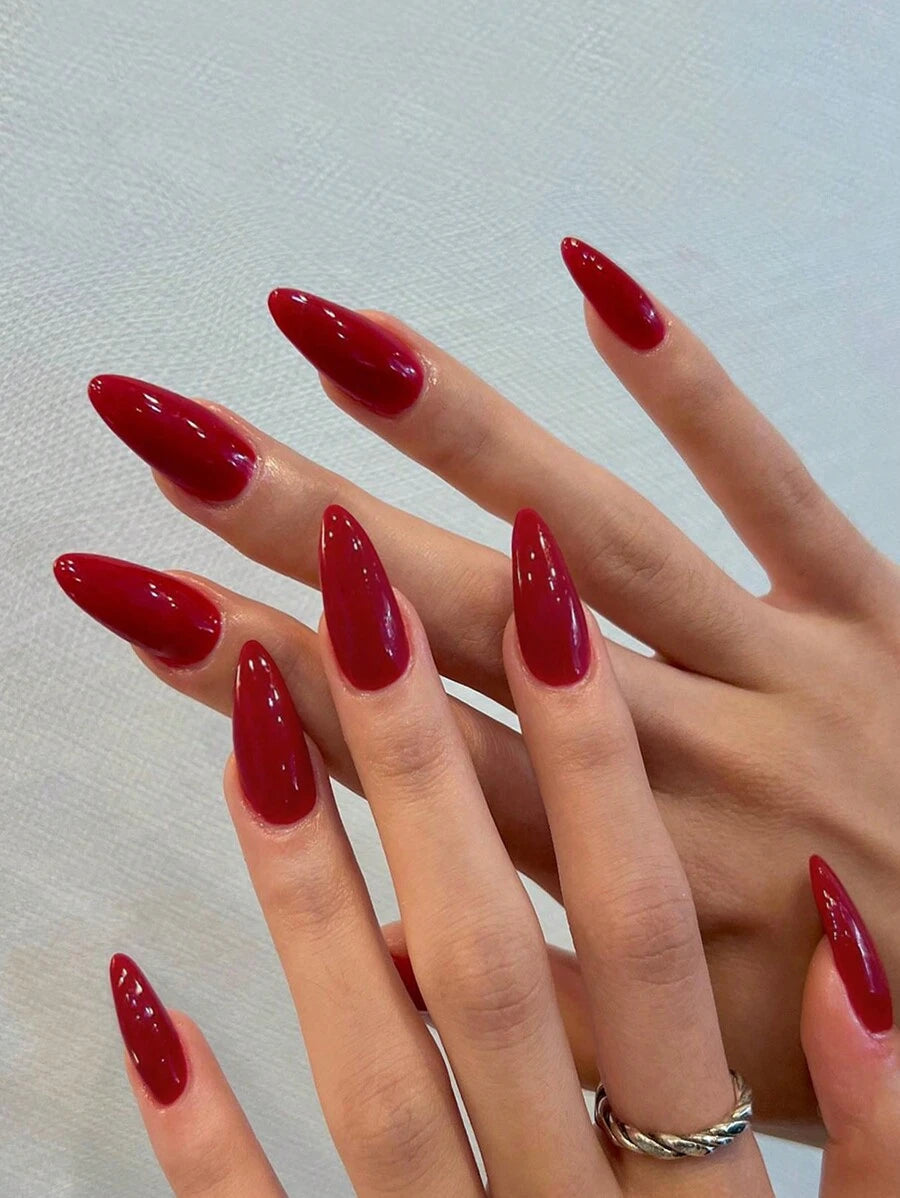 Shein Long Almond-Shaped Red Press-On Nails >