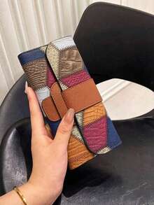 Shein Vintage Patchwork Embossed PU Leather Long Tri-Fold Wallet -.