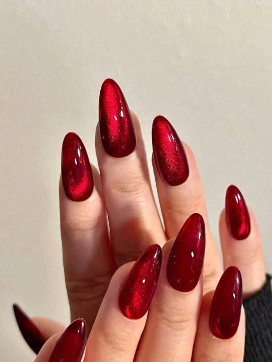 Shein 24pcs Short Almond Red Cat-Eye Press-On Nails>