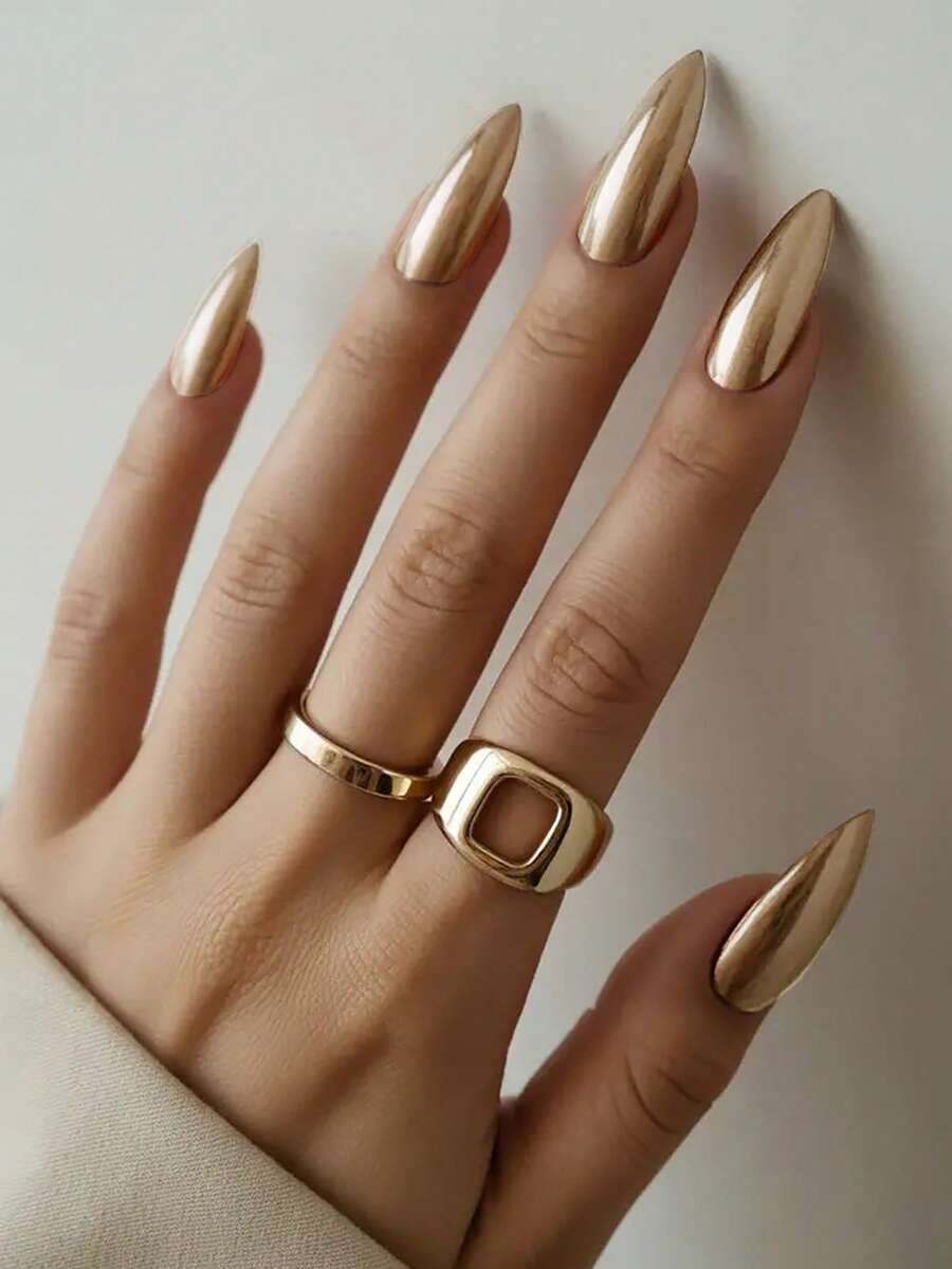 Shein  24pcs/Set Y2K Style Almond Shaped Gold Nail Stickers>