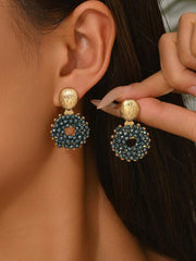 Shein 1 Pair Handmade Beaded Hollow Green Geometric Hoop Earrings>