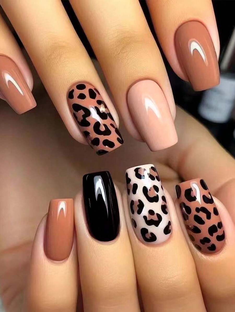 Shein Square French Brown Leopard Print Press-On Nails >