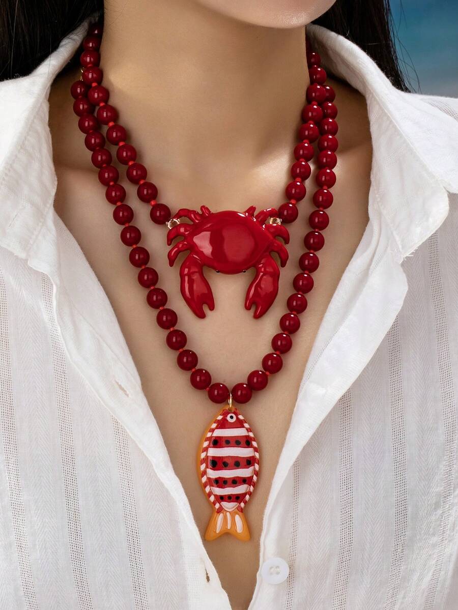 Shein 1/2pcs Red Beaded Necklace With Crab And Fish Pendants, Red >