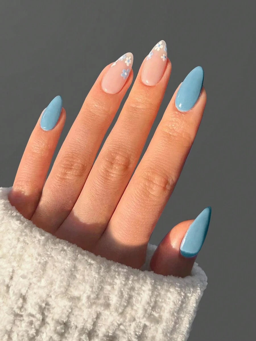 Shein Long Almond Blue Floral Press-On Nails >