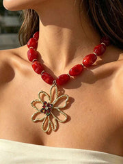 Shein Gold Metal Flower Red Bead Pendant Necklace >