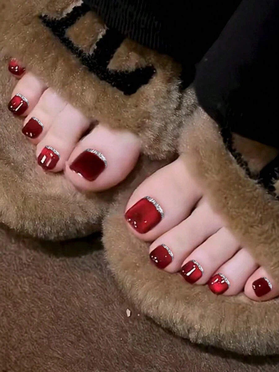 Shein Red Crystal Cat Eye Toe Press-On Nails >