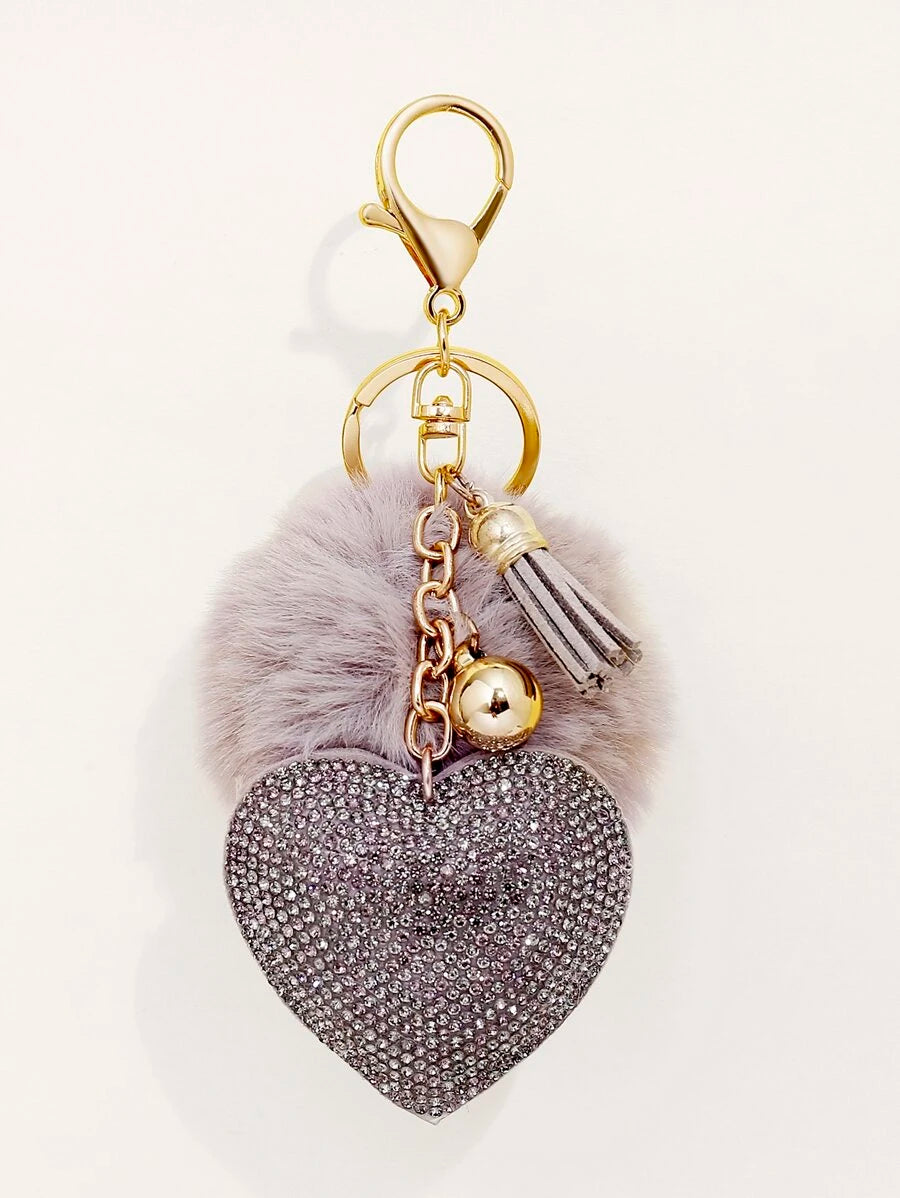 Shein Rhinestone Fleece Heart Pom-Pom Keychain >