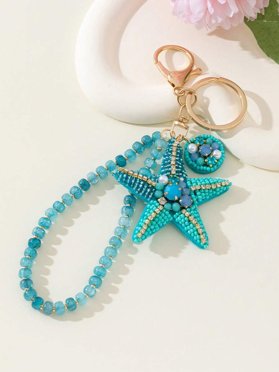 Shein Starfish Beaded Alloy Keychain >