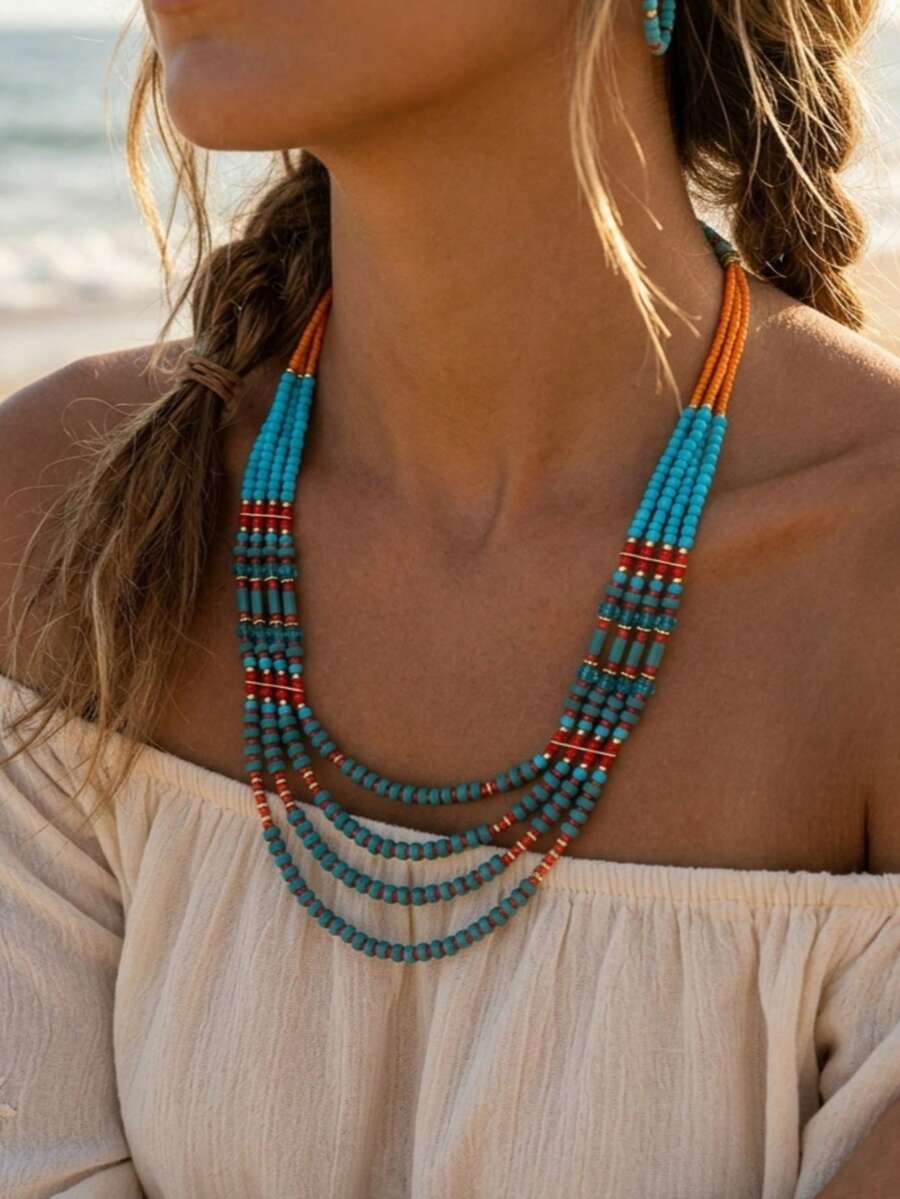 Shein 1pc Boho Multi-Layer Beaded Necklace >