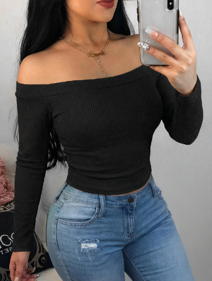 Shein Women's Off-Shoulder Fitted Ribbed Long Sleeve Top -.