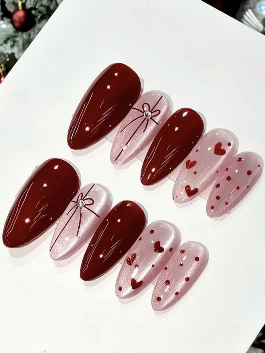 Shein Y2K Red & Pink Heart Almond Press-On Nails >