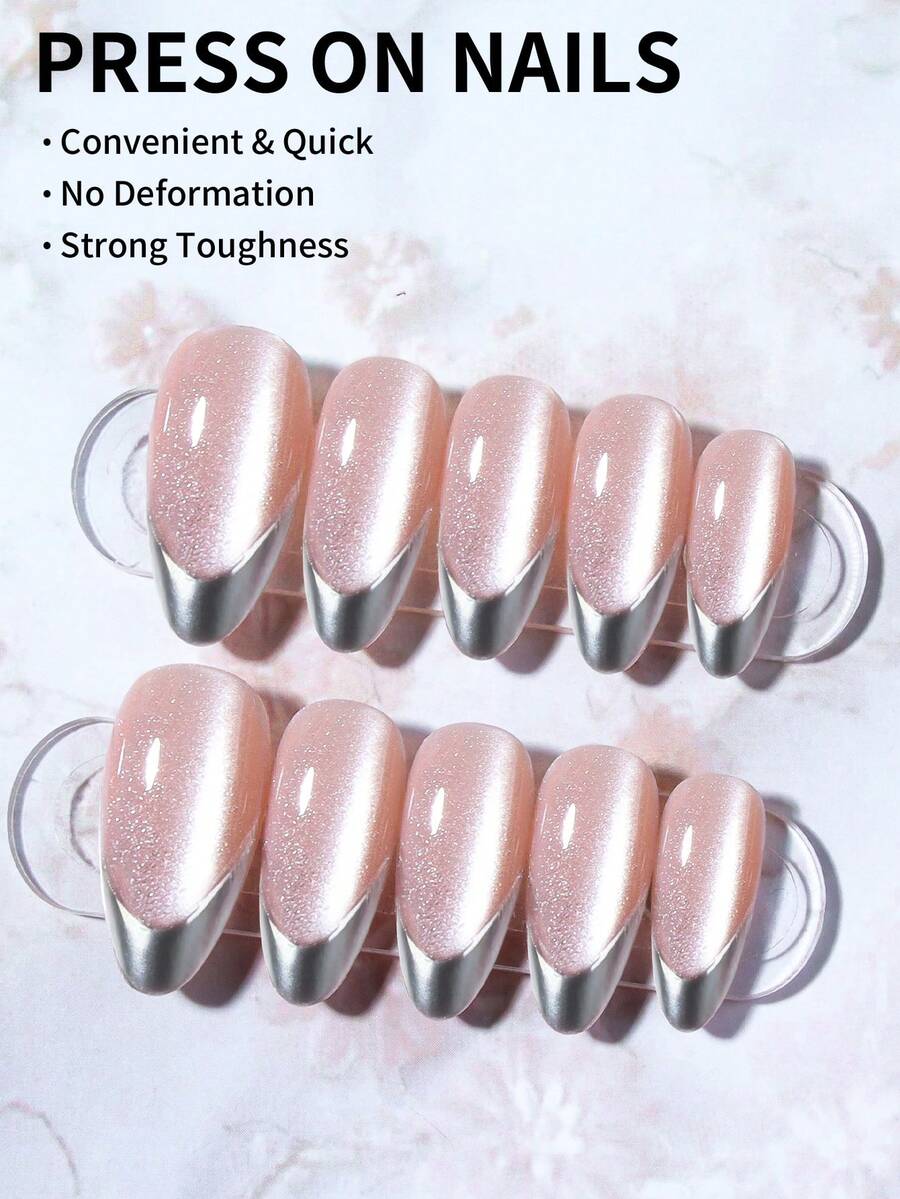 Shein Long Almond Silver French Press-On Nails >