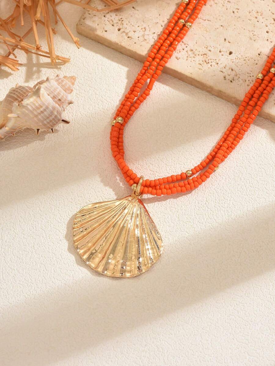 Shein Orange Beaded Gold Shell Pendant Necklace >