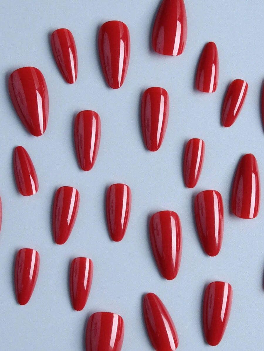 Shein Long Almond-Shaped Red Press-On Nails >